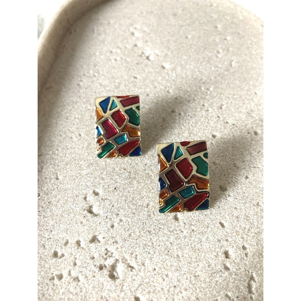 Vintage Earrings‎ Gold Tone Multicolor Enamel Mosaic Rectangle Artsy Retro Studs